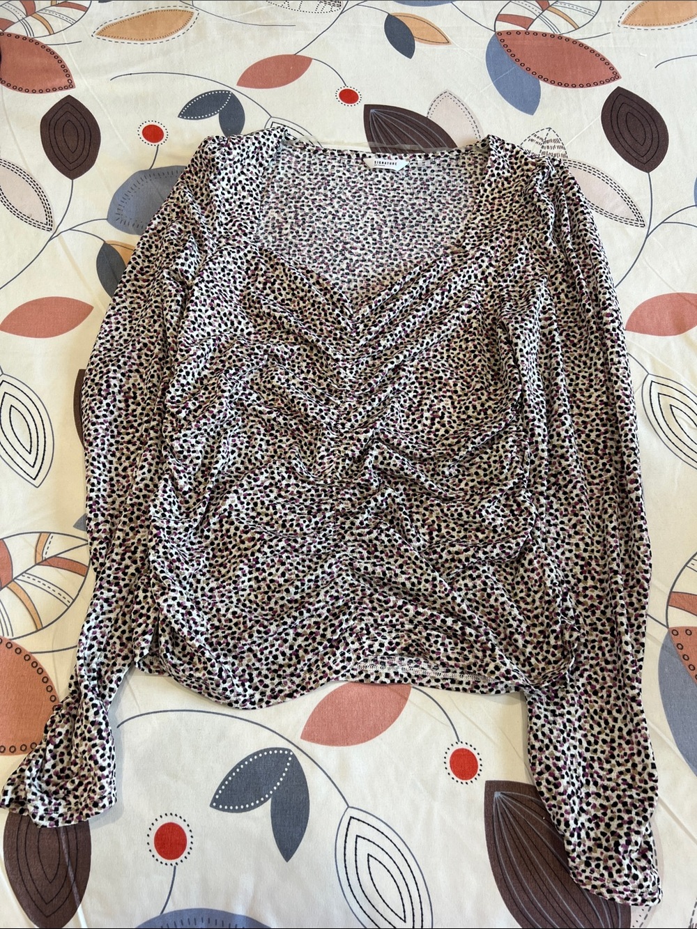 Ruched Scoop Neck Long-Sleeve Top in Ivory Leopard Print